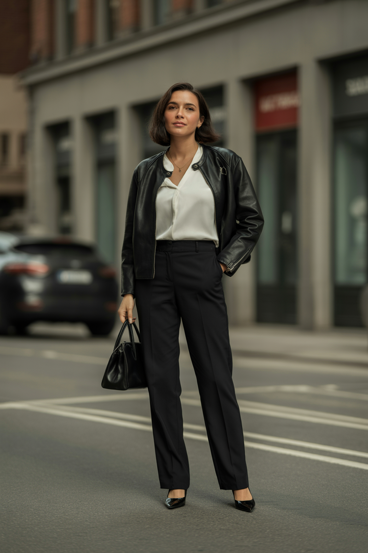 Sleek Leather Jacket Over Classic Workwear Pieces