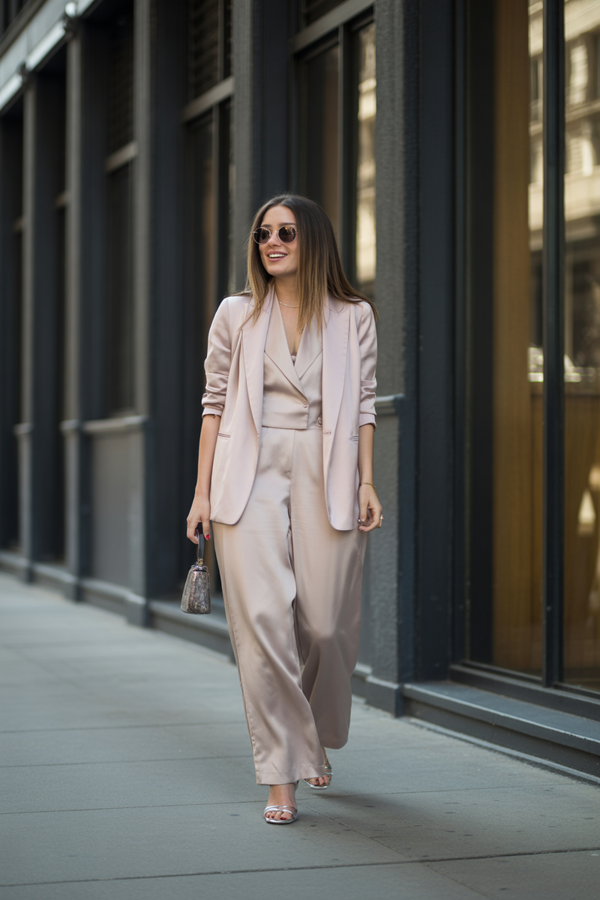 Soft Pastel Blazer Over a Neutral Jumpsuit
