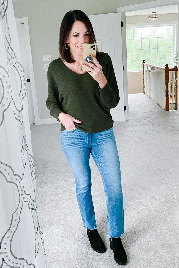 Experimenting with Chelsea Boots and Straight Leg Jeans | Jo-Lynne Shane - dark green sweater outfit