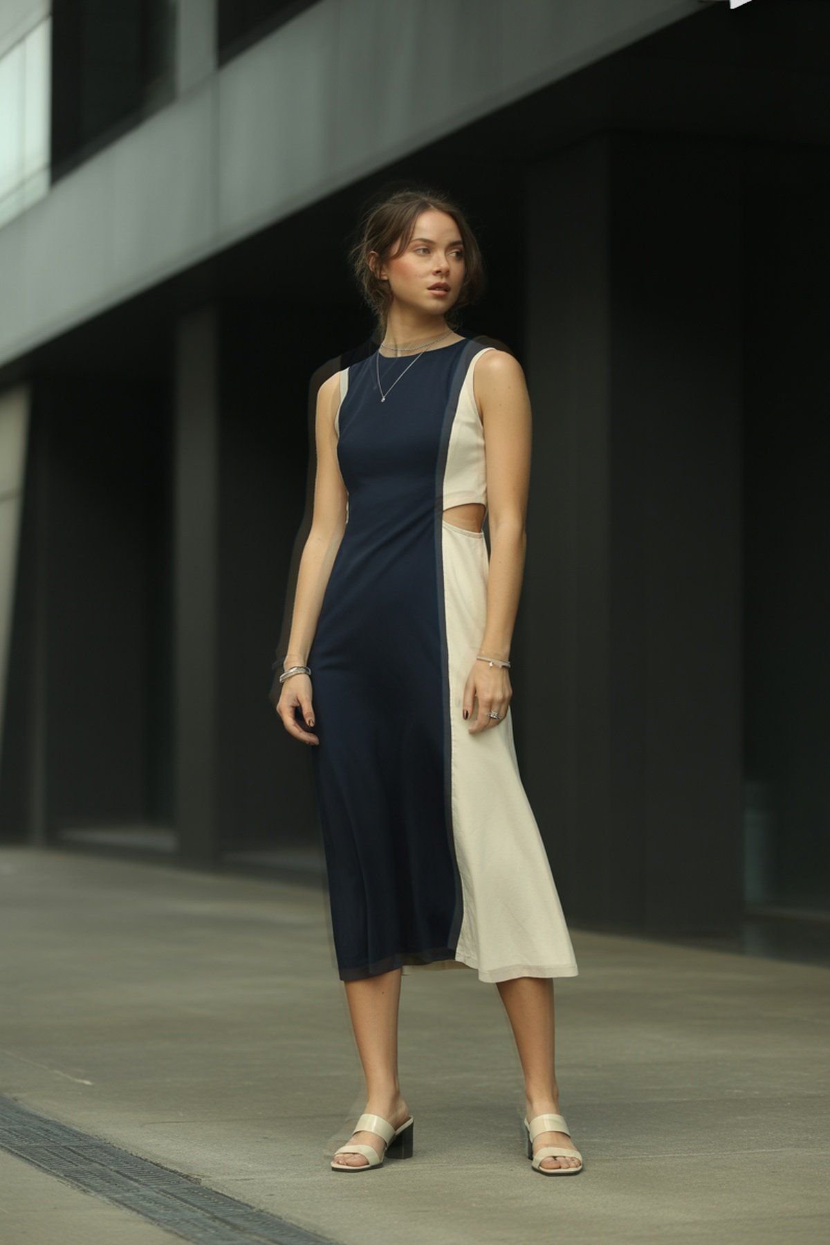 Color-Blocked Midi Dress with Modern Cutouts