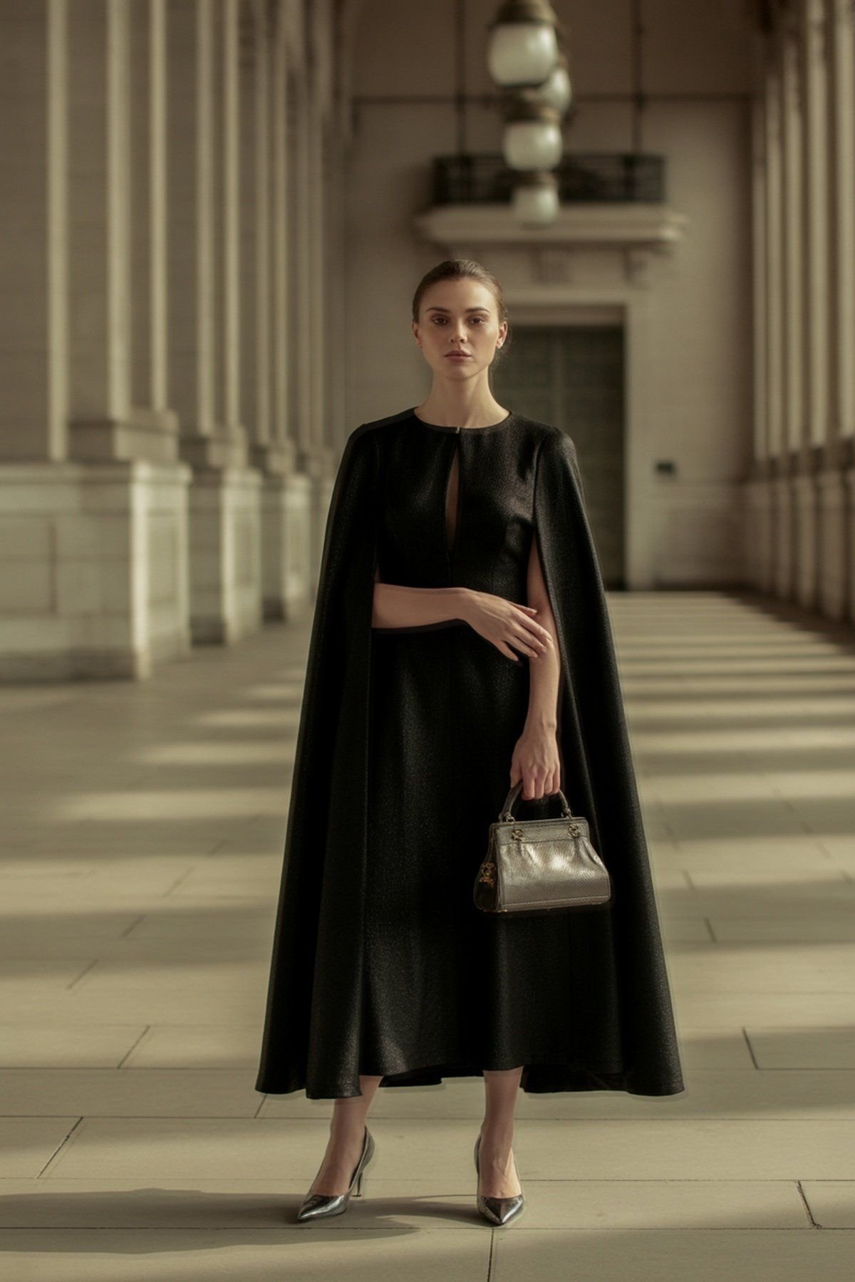 Elegant Cape Dress with Dramatic Flair