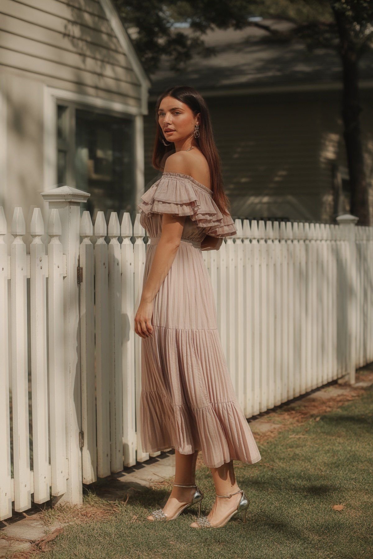 Off-the-Shoulder Ruffled Dress with Elegant Heels