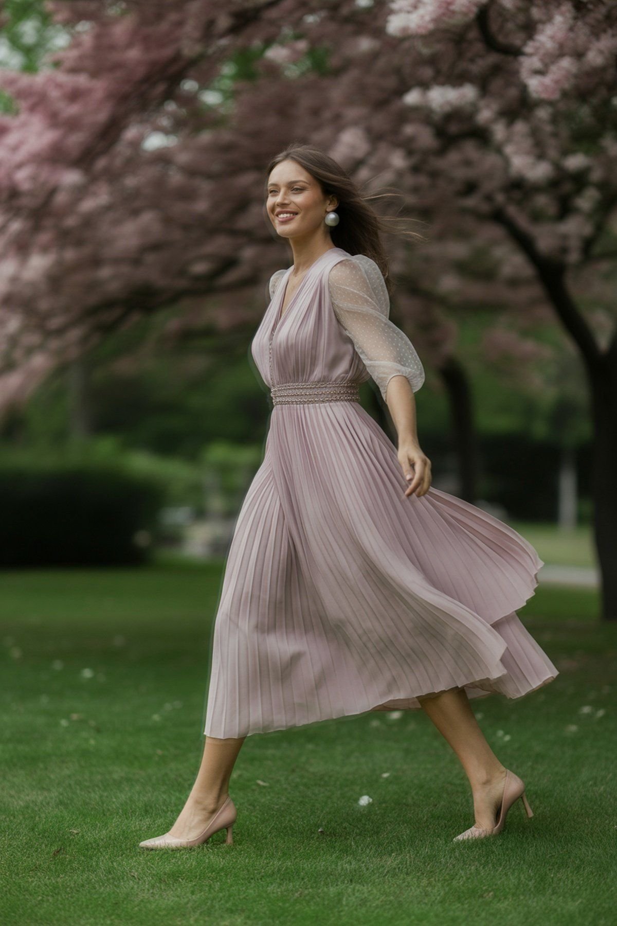 Pastel Pleated Dress with Delicate Fabric Details