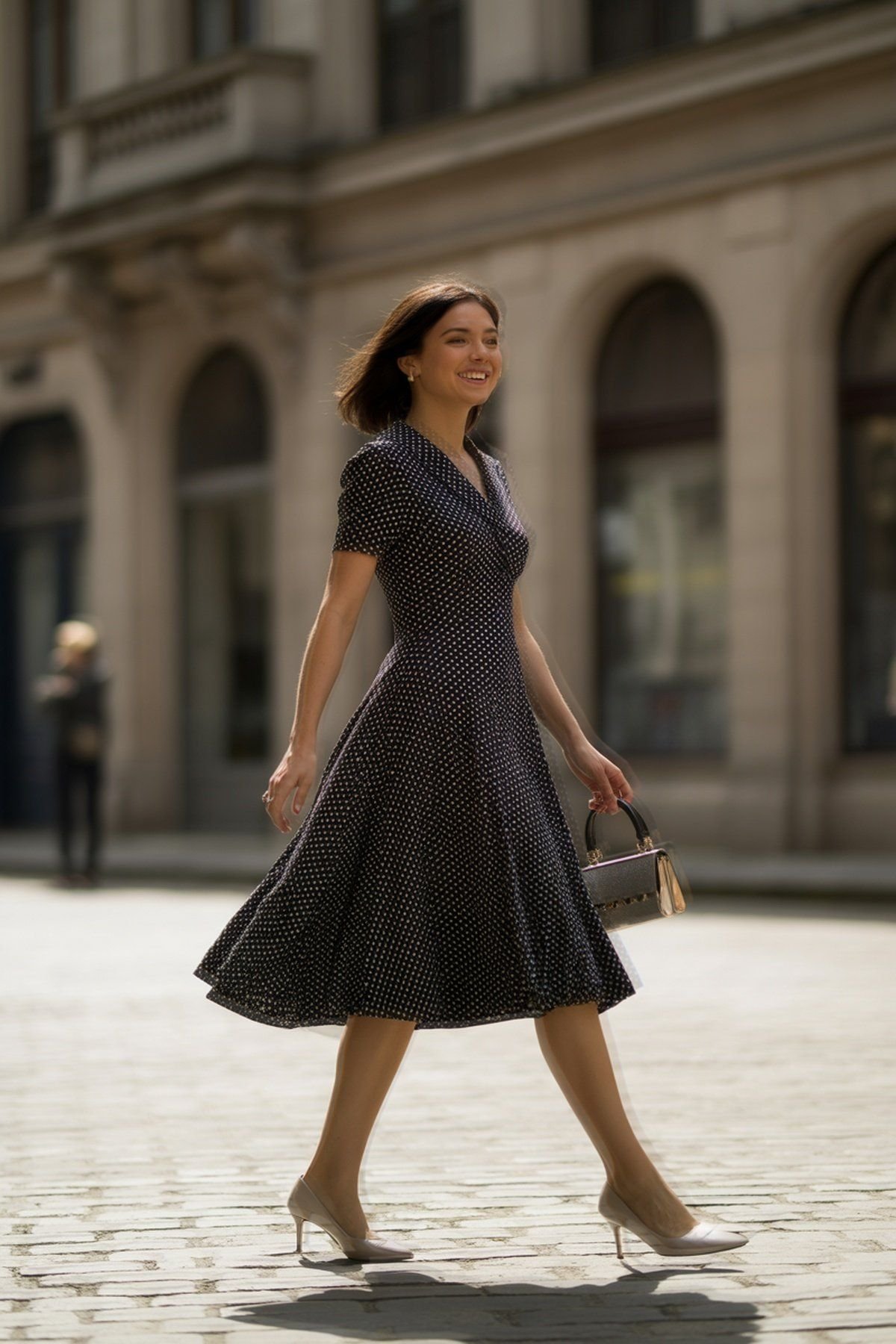 Polka Dot Tea-Length Dress with Vintage Charm