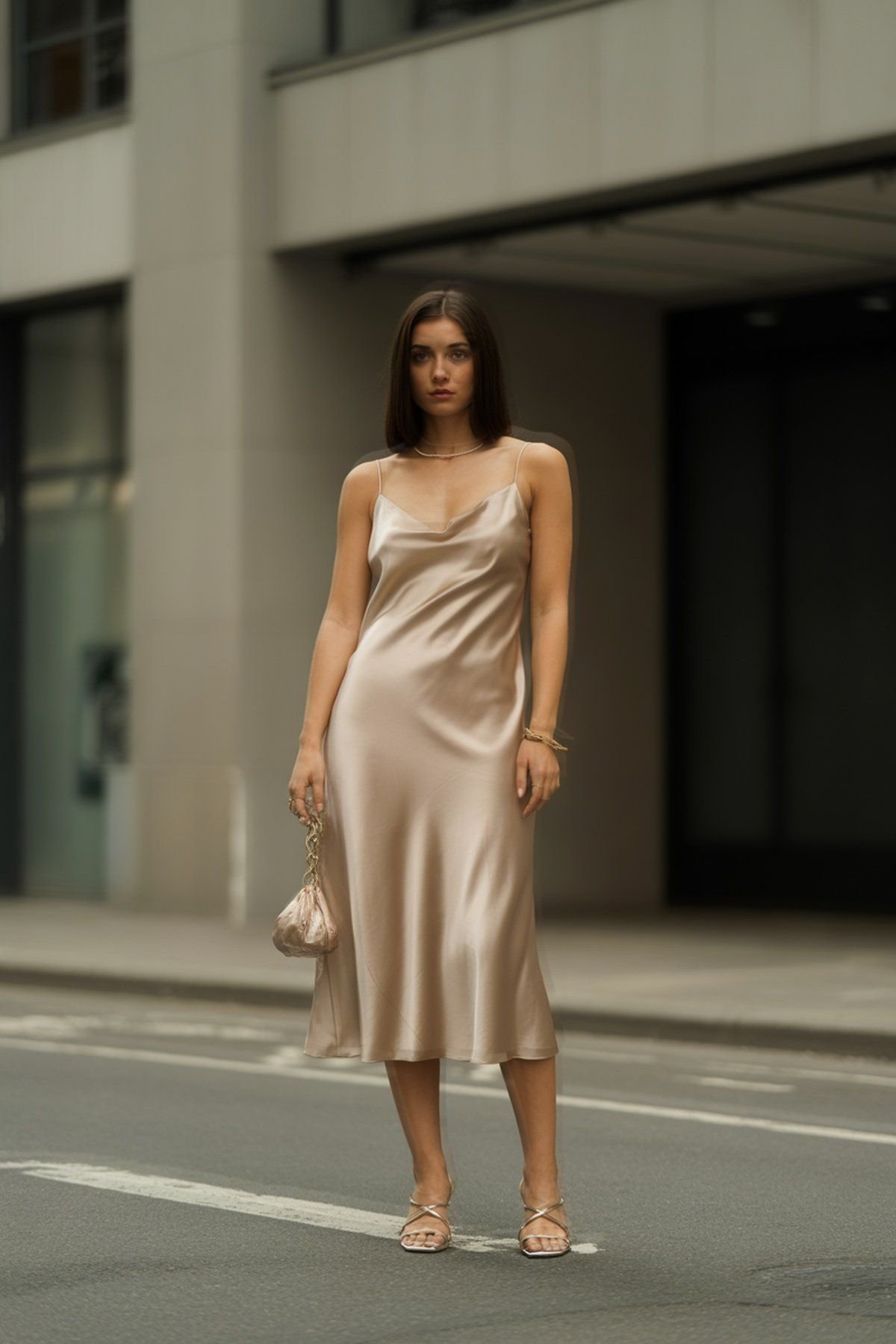 Sleek Satin Slip Dress with Minimalist Jewelry