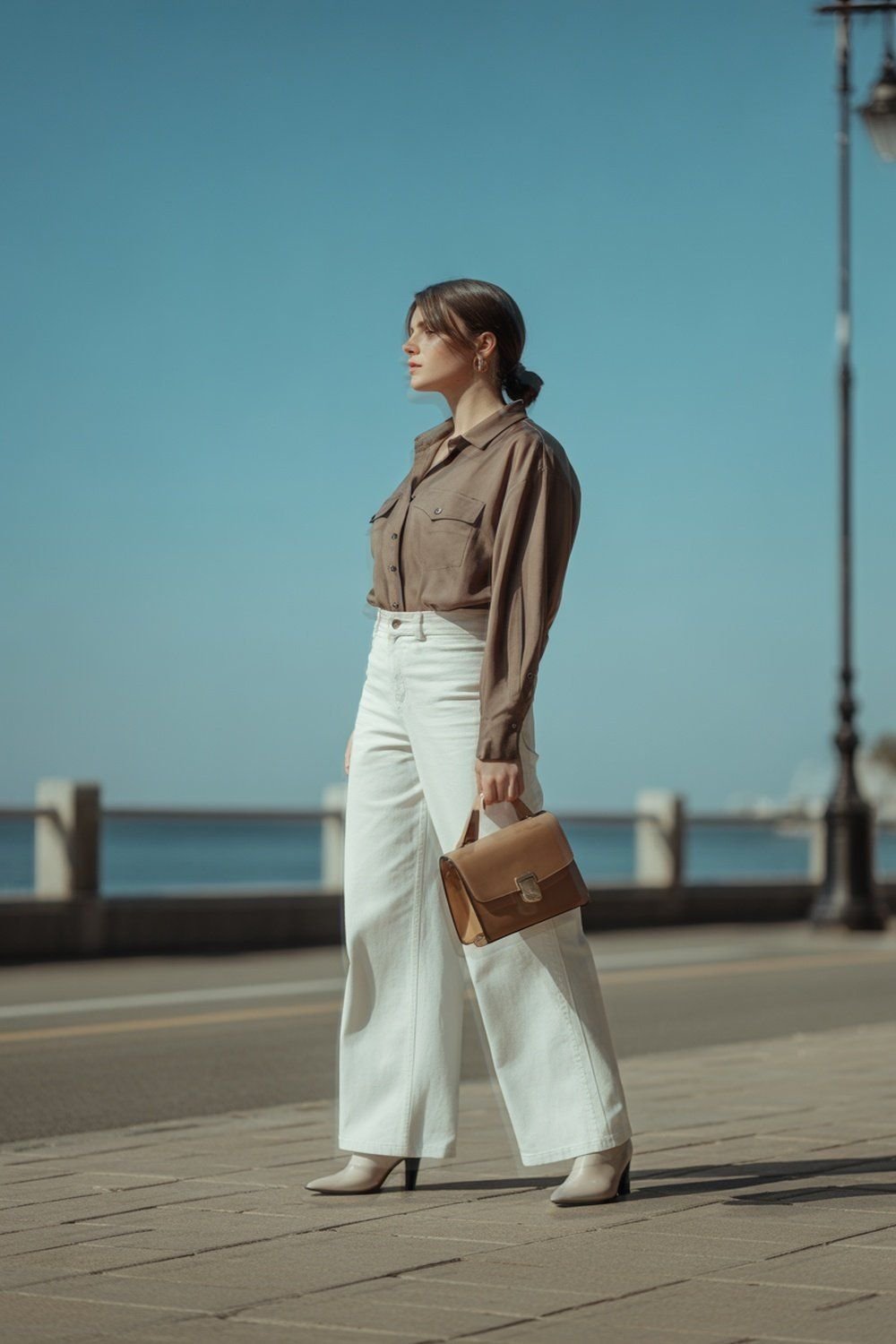 Button-Up Western Shirt with White Wide-Leg Pants
