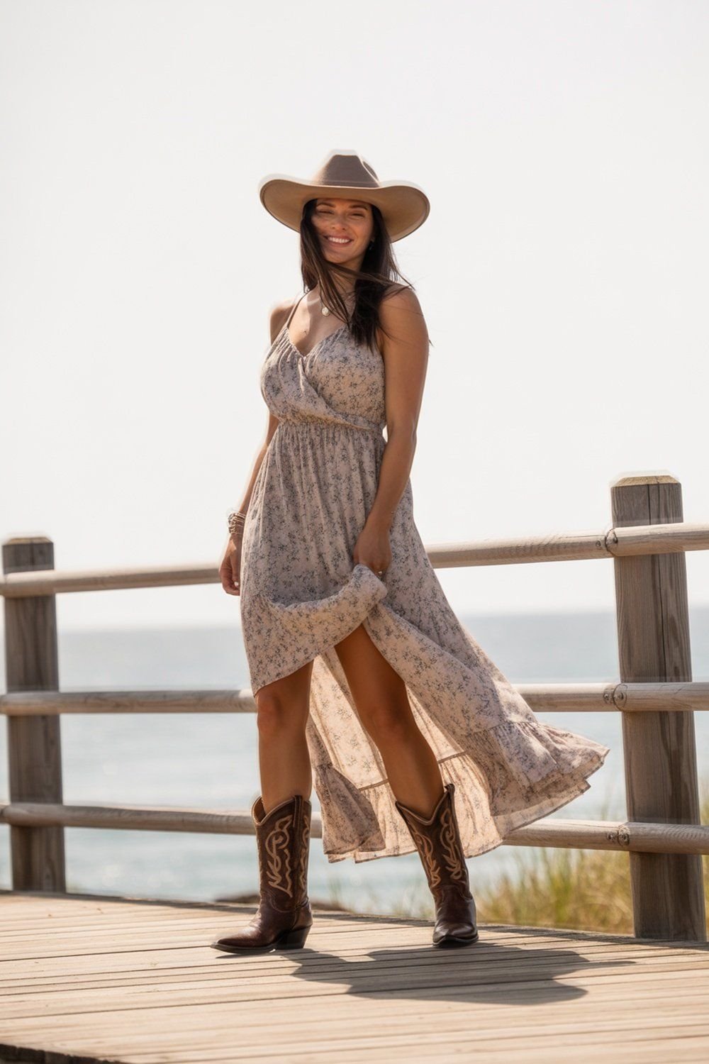 Flowy Maxi Dress with Rustic Leather Boots