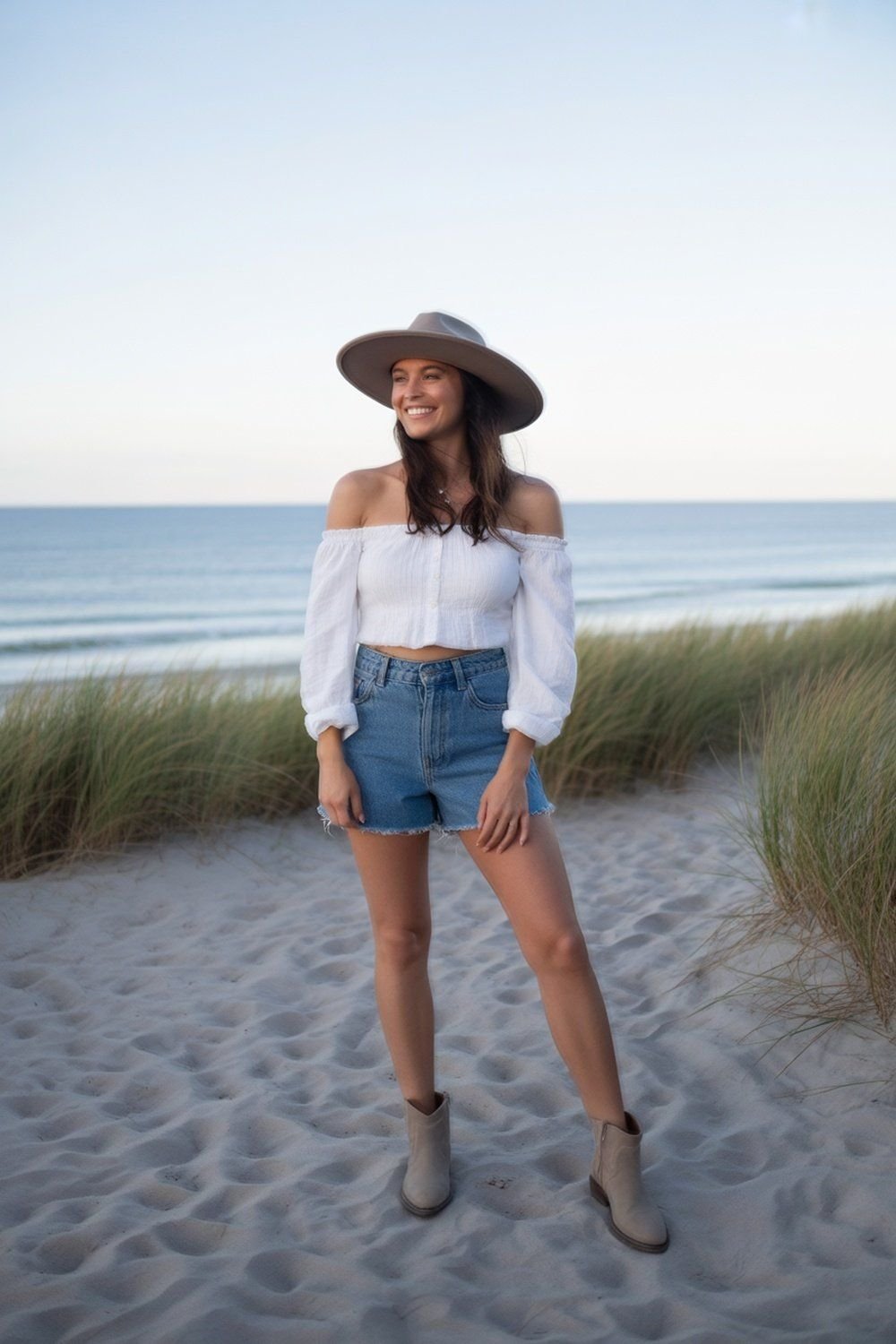 Off-Shoulder Top with High-Waisted Shorts and Hat