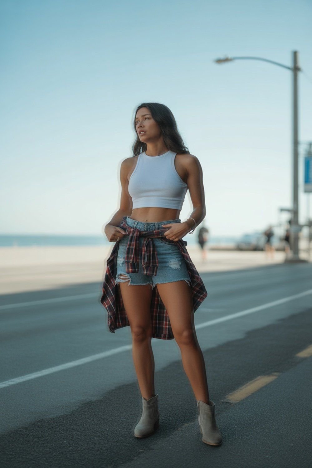 Plaid Shirt Tied Over a White Crop Top