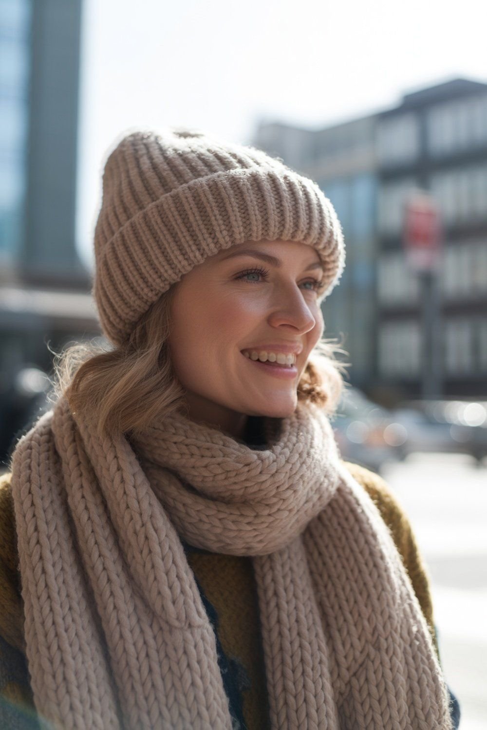 Chunky Knit Beanie Combined With Matching Scarf
