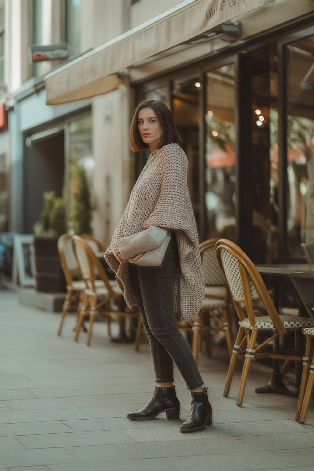 Chunky Knit Poncho With Slim-Fit Jeans