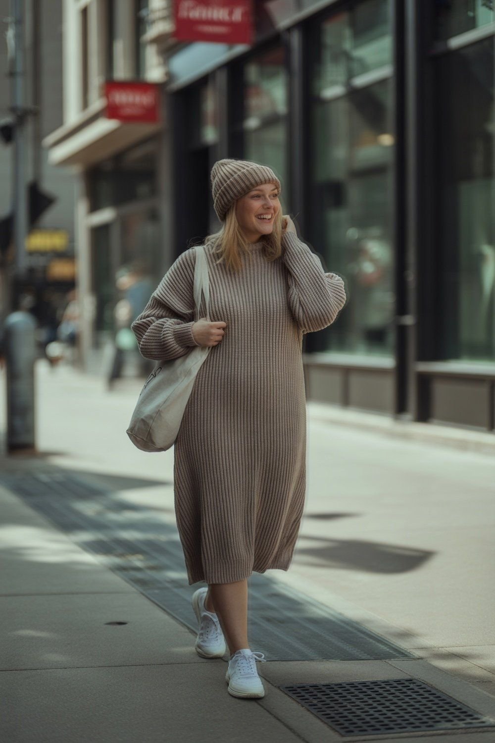 Chunky Knit Sweater Dress Paired With Sneakers