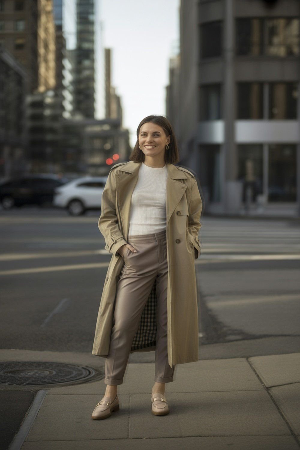 Layered Knit Tee With Lightweight Trench Coat