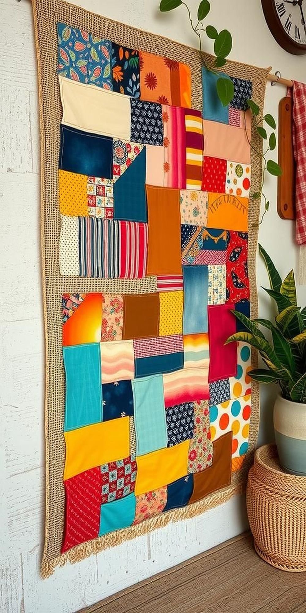 Mixed Fabric Burlap Patchwork Art