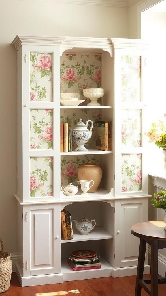 Cottage Bookshelf Backing With Floral Chintz