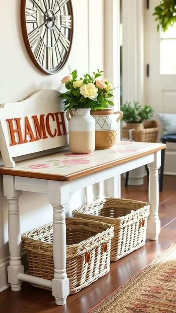 Farmhouse Bench With Gingham And Roses