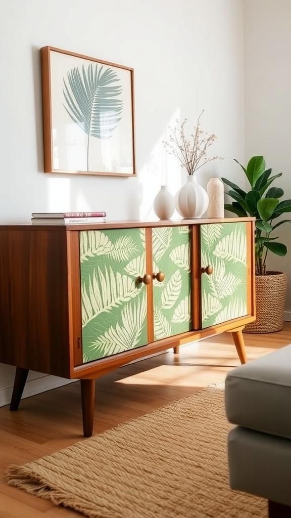 Mid-Century Credenza Doors With Palm Leaves