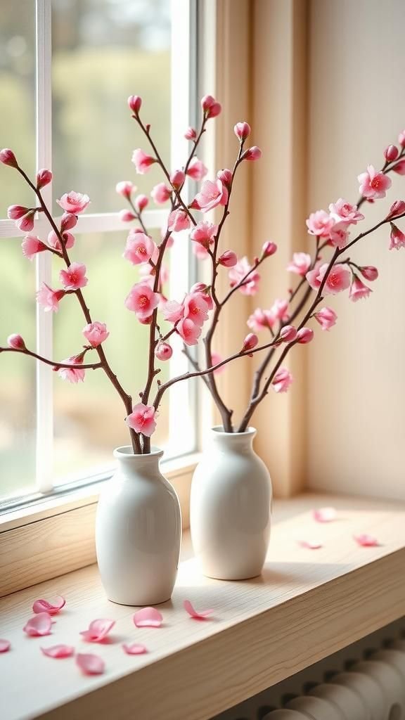Sakura Pink Blossom Sprigs In Porcelain Bud Vases