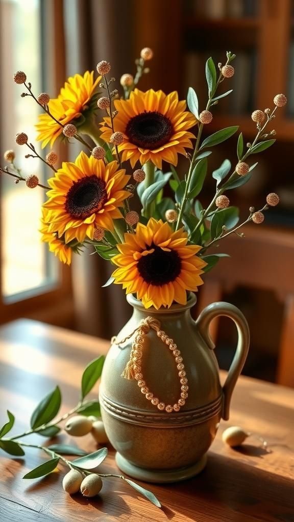 Sunflower Microbead Sprigs In Rustic Stoneware