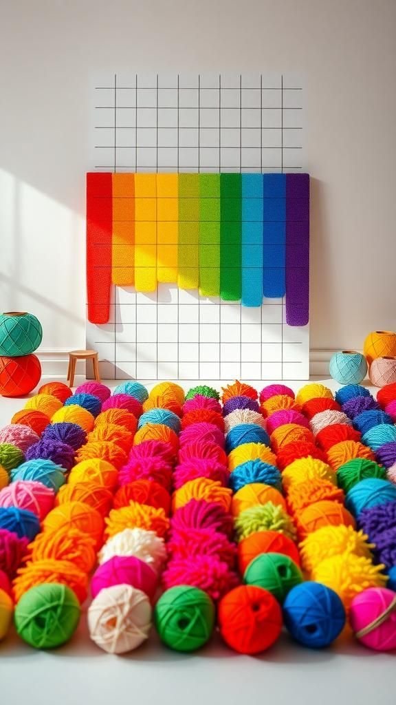 Rainbow Grid Pompom Rug With Playful Blocks