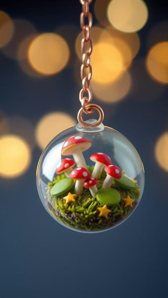Fairy Garden Pendant With Tiny Mushrooms