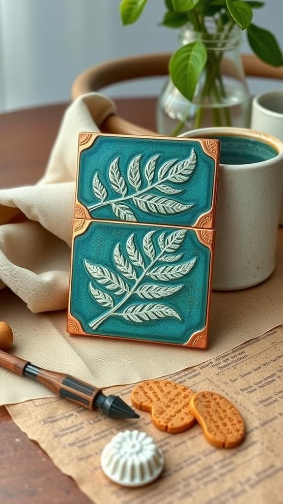 Botanical Fern Imprint Verdigris Foil Coaster Set