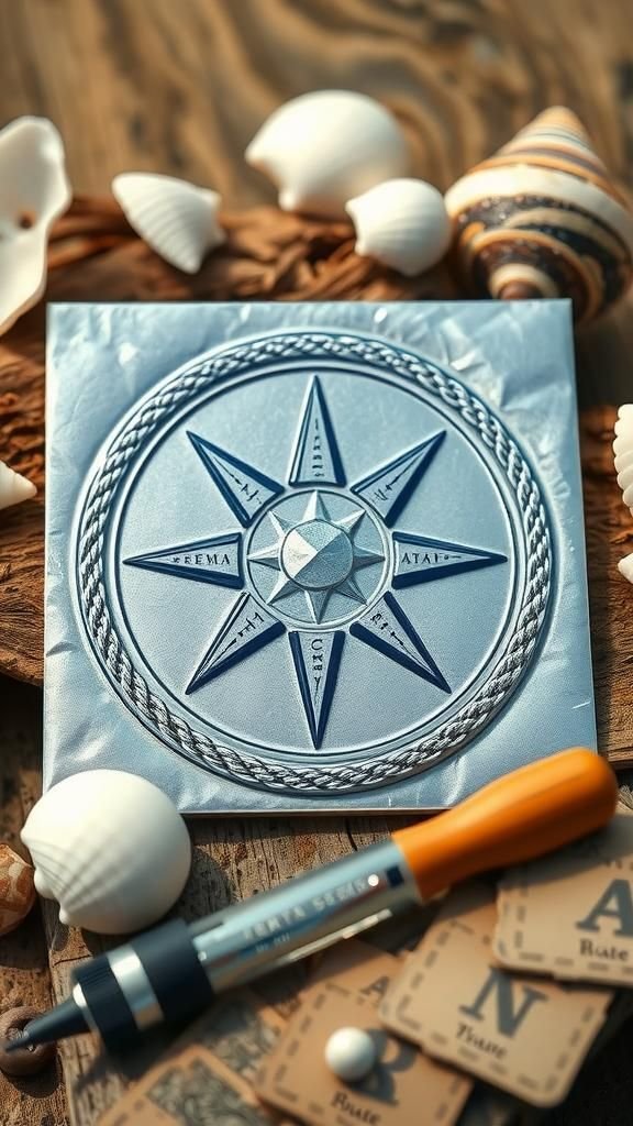 Nautical Compass Rose Silver-Blue Foil Tile