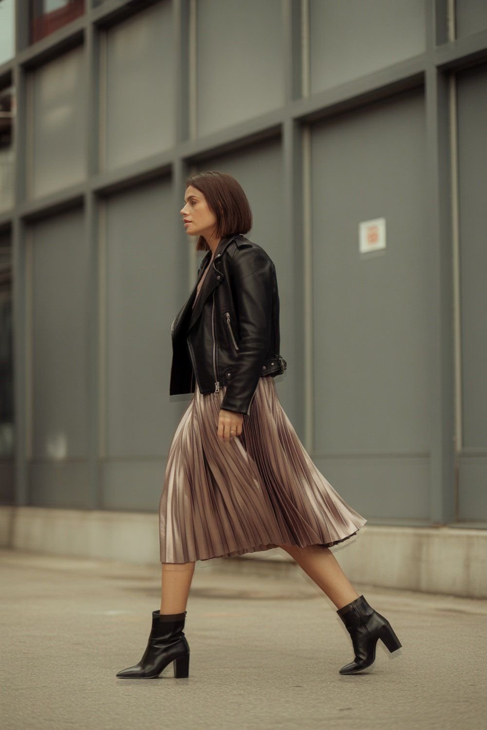Metallic Midi Skirt With Leather Jacket