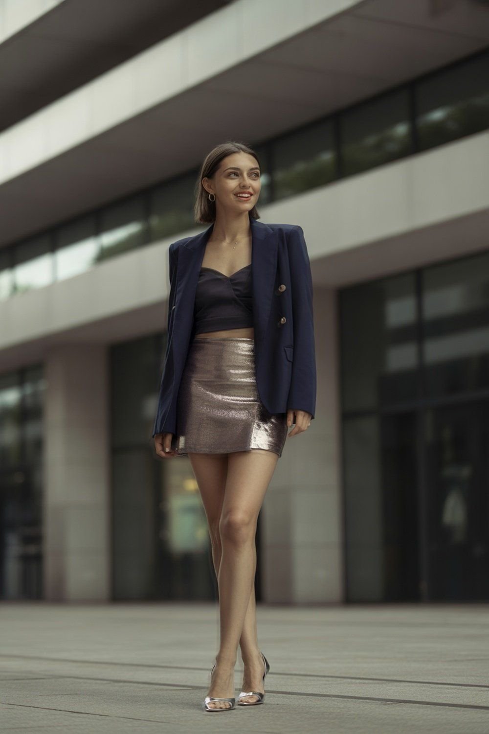 Metallic Mini Skirt With Statement Blazer