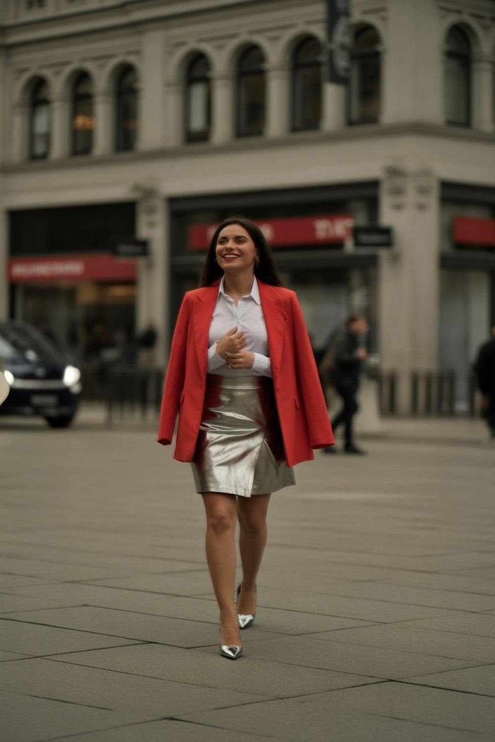 Metallic Skirt With Bold Red Blazer