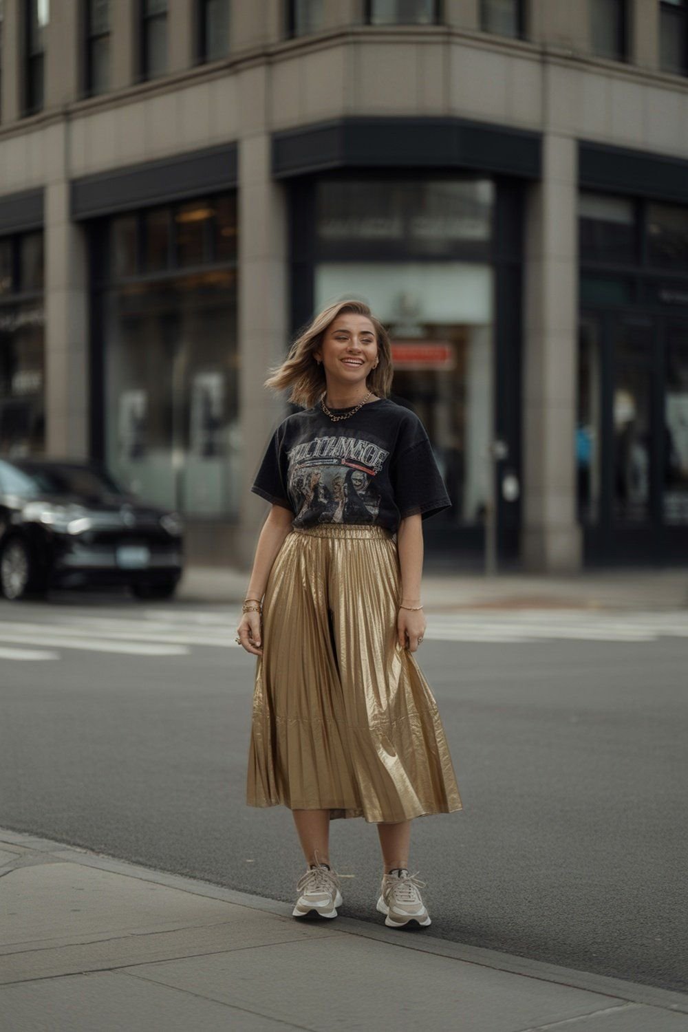 Metallic Skirt With Graphic Band T-Shirt