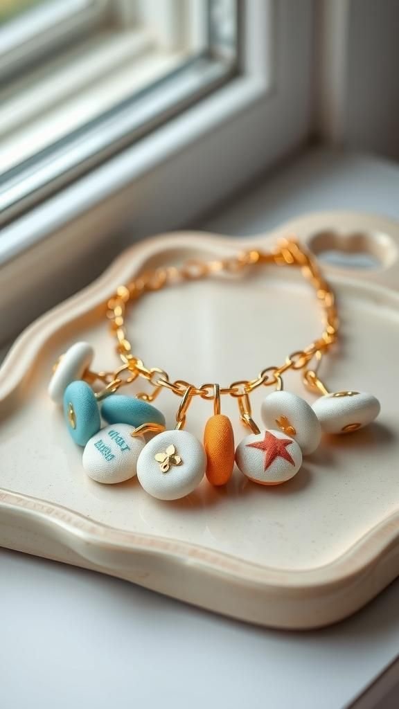 Charm Chain Bracelet With Fabric Buttons