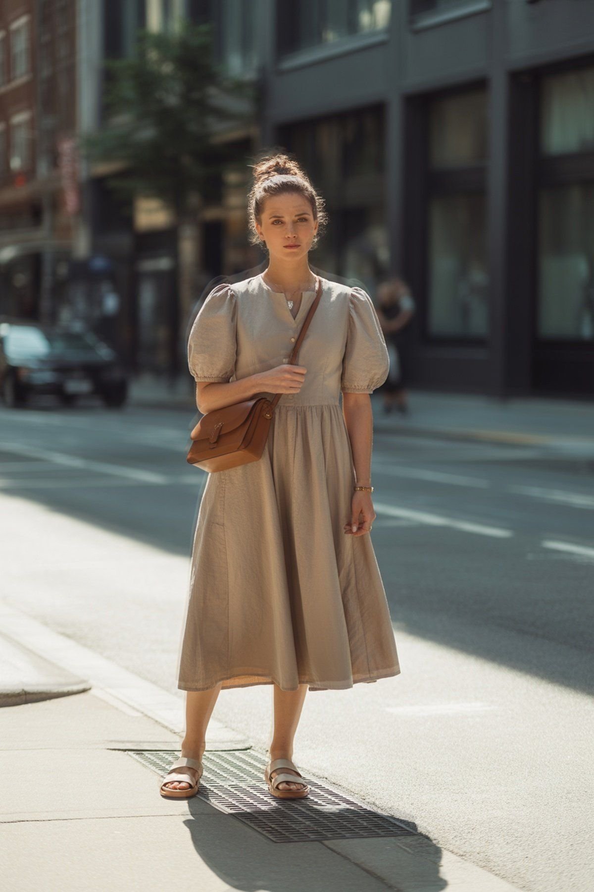 Beige Linen Dress with Puff Sleeves and Leather Crossbody