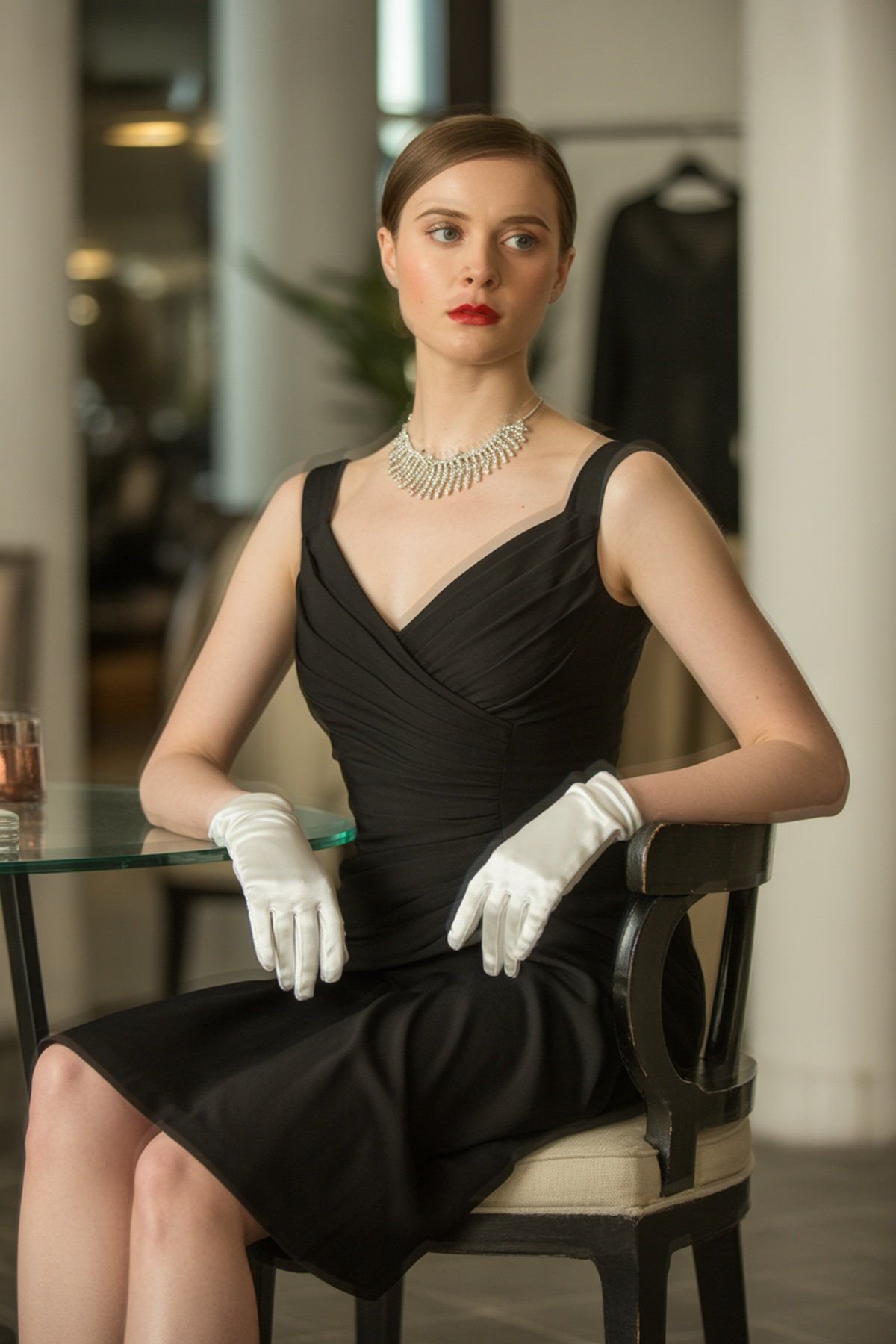 Black Sheath Dress with White Gloves and Statement Necklace