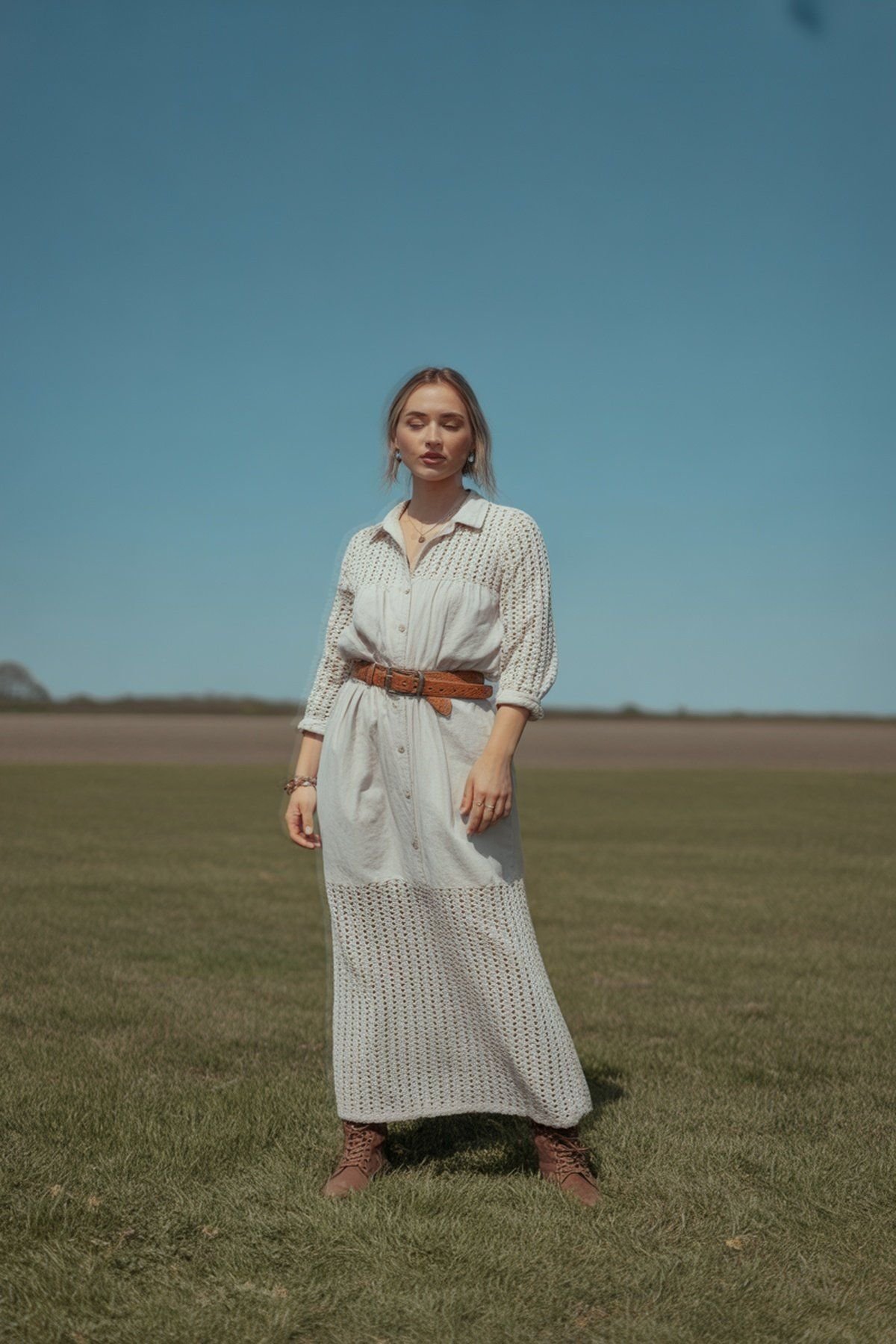 Off-White Crochet Dress with Brown Leather Belt and Boots