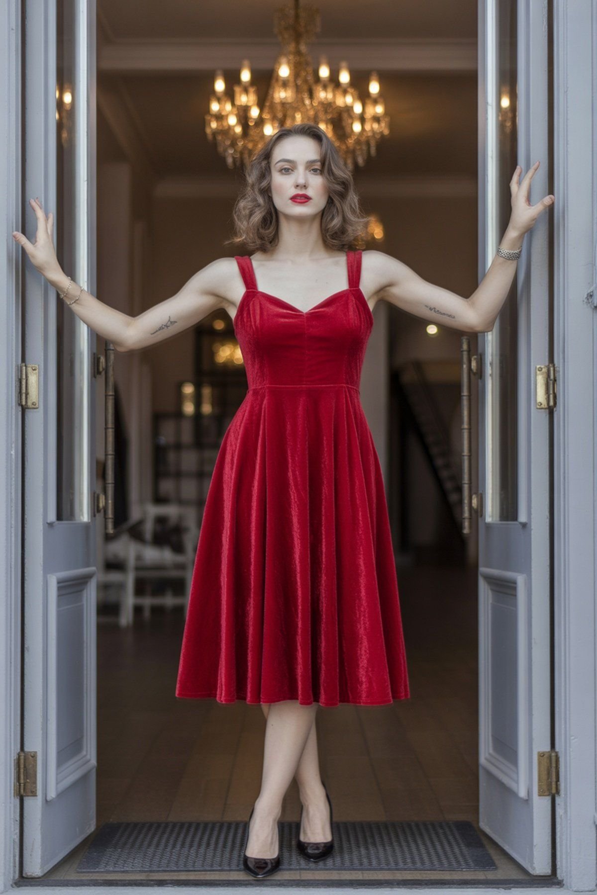 Red Velvet Dress with Sweetheart Neckline and Black Heels