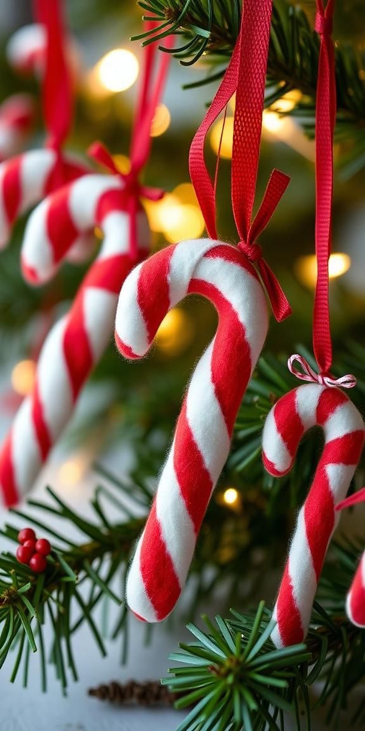 Rustic Felt Candy Canes Tied With Festive Ribbons
