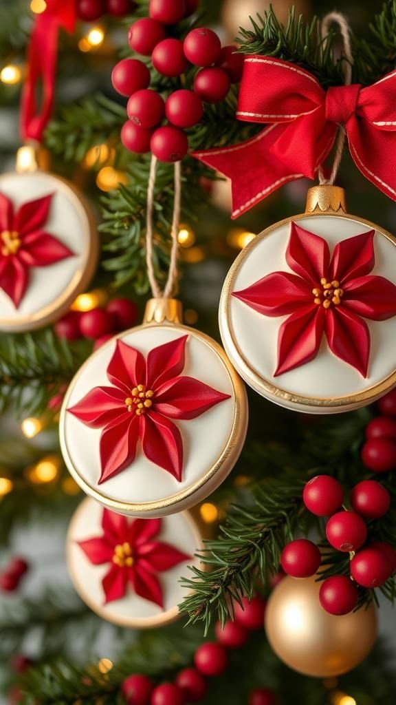 Poinsettia Holiday Ornament Tiles With Ribbon