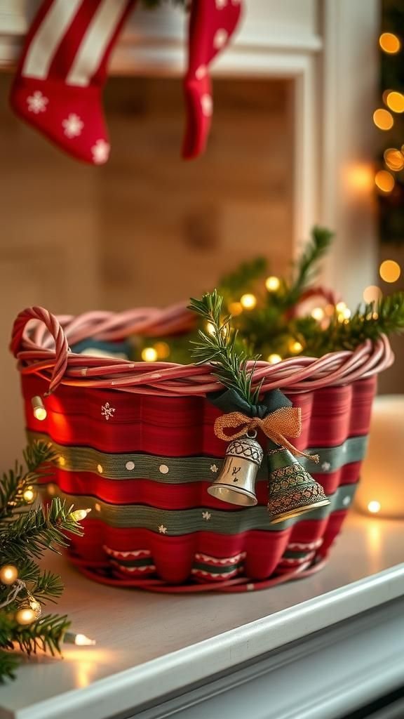 Holiday Red-Green Basket With Snowy Accents