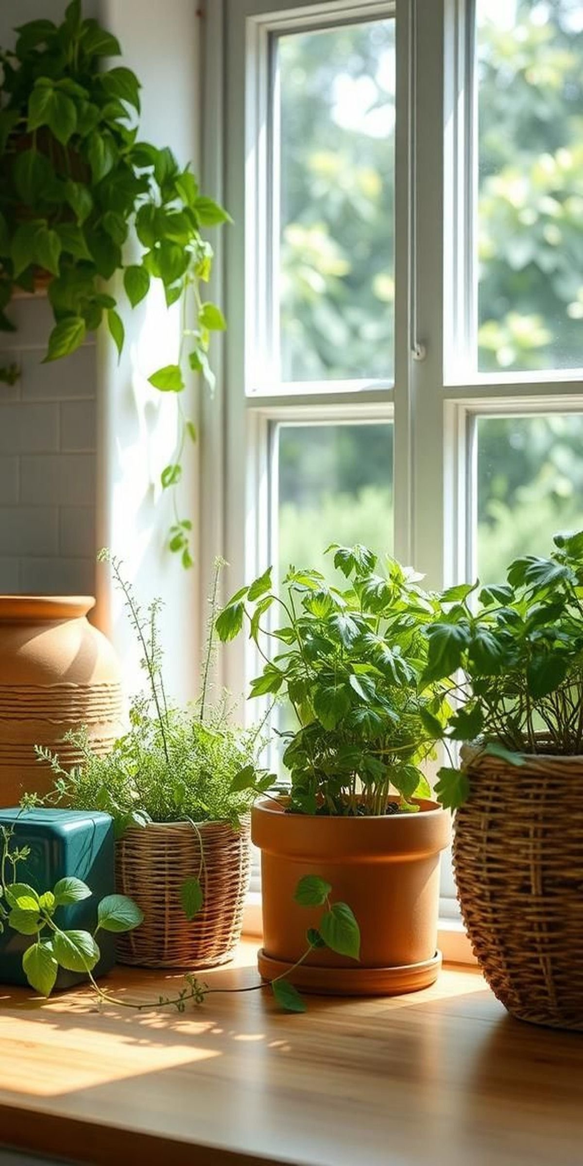 Greenery and Herbs in Rustic Planters