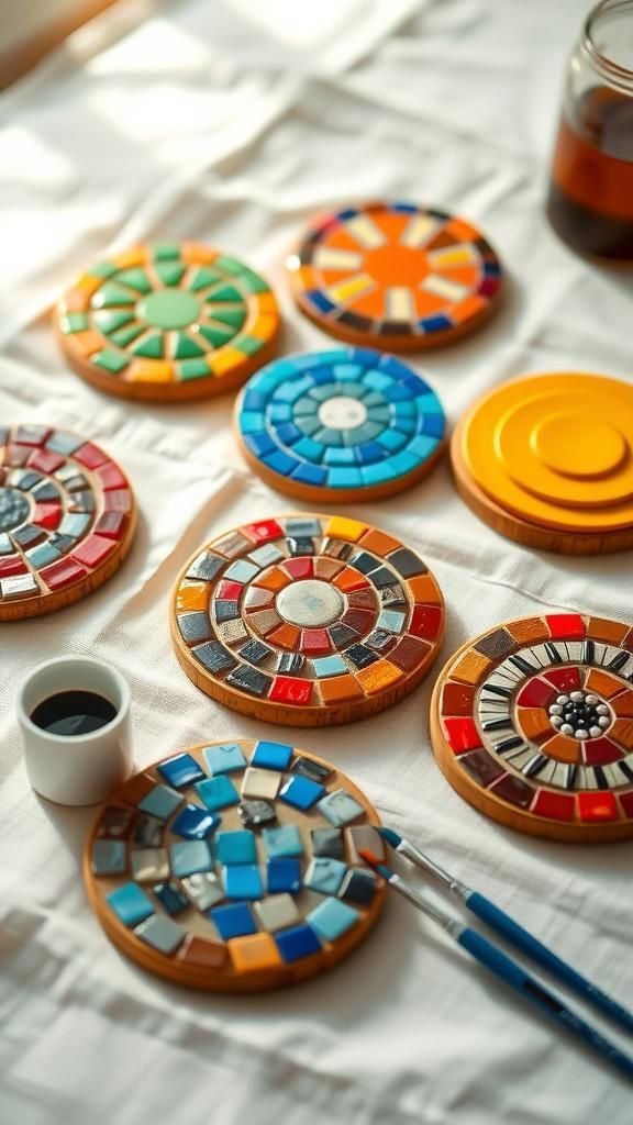 Mosaic Pattern Faux-Tile Painted Coasters Collection Set