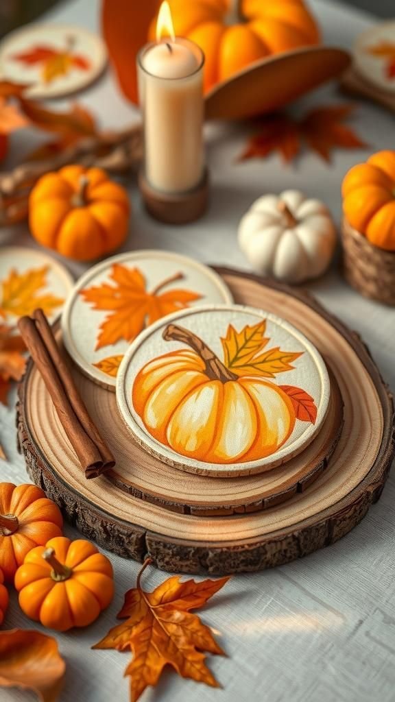Pumpkin Spice Autumn Painted Tile Coasters Set