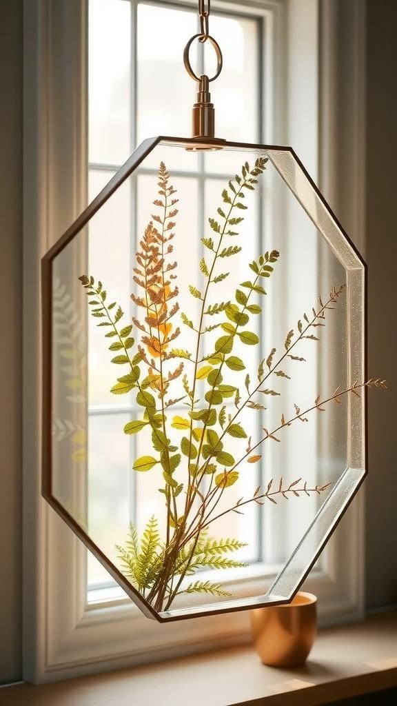 Hexagon Glass Frame Featuring Mixed Fern Sprigs