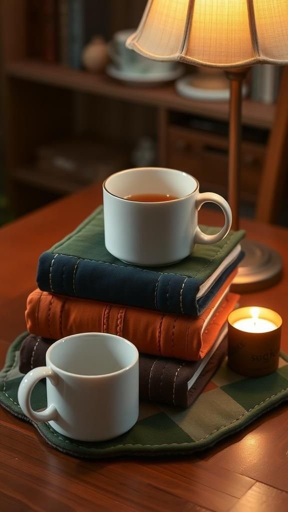 Cozy Library Stacks Bookish Quilted Mug Rug