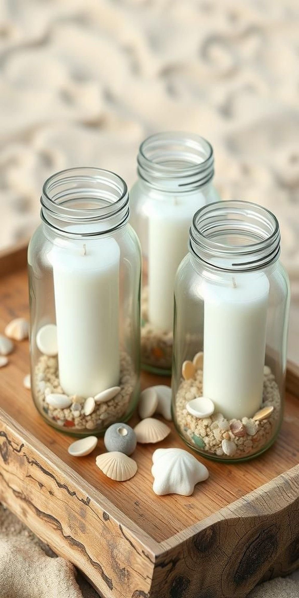 Candle Lanterns Filled With Sand And Beach Shells