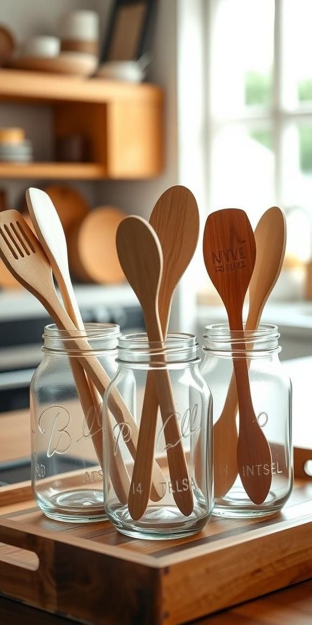 Utensil Caddy From Grouped Mason Jars On Tray