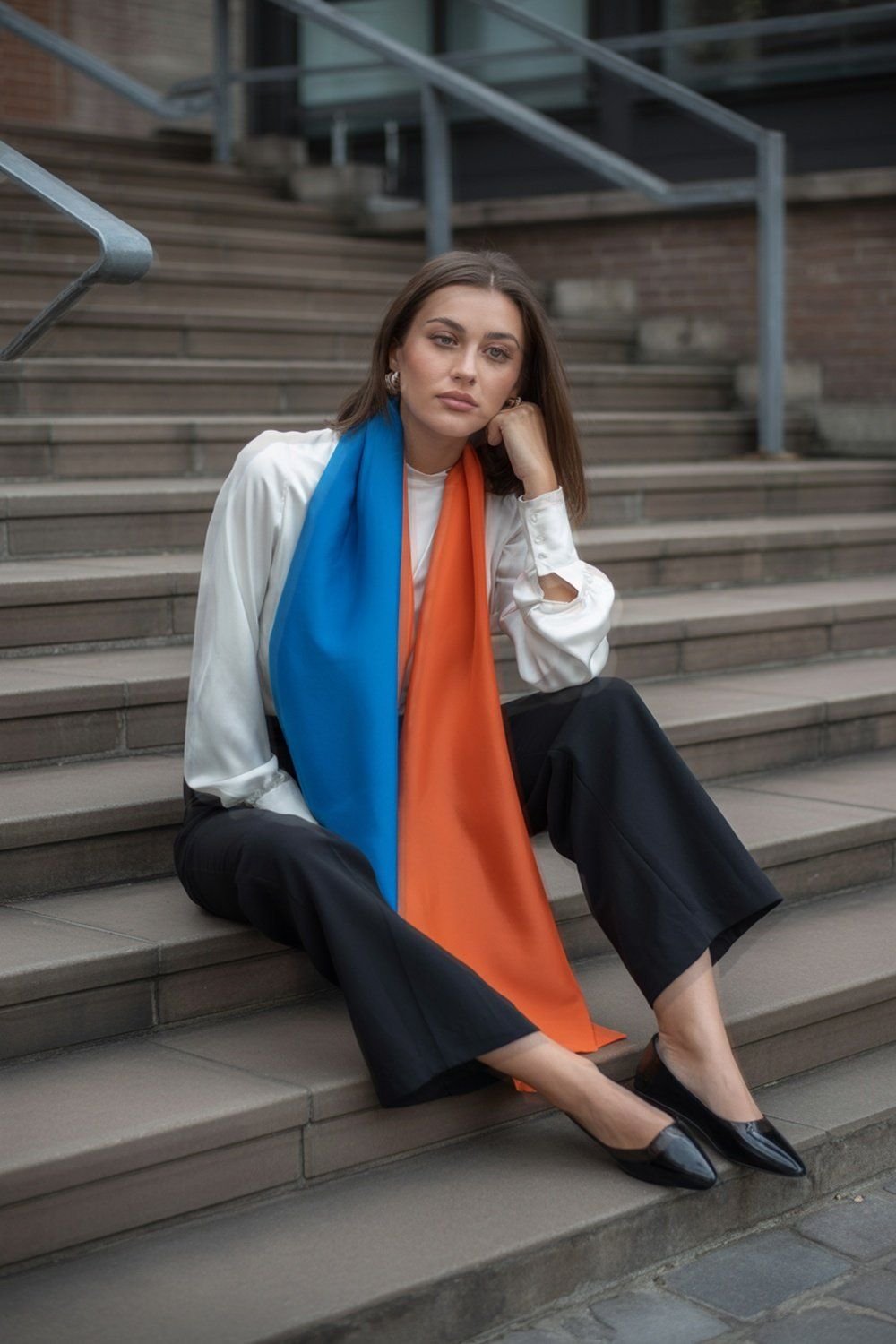Bold Color Block Scarf Paired With Minimalist Outfit