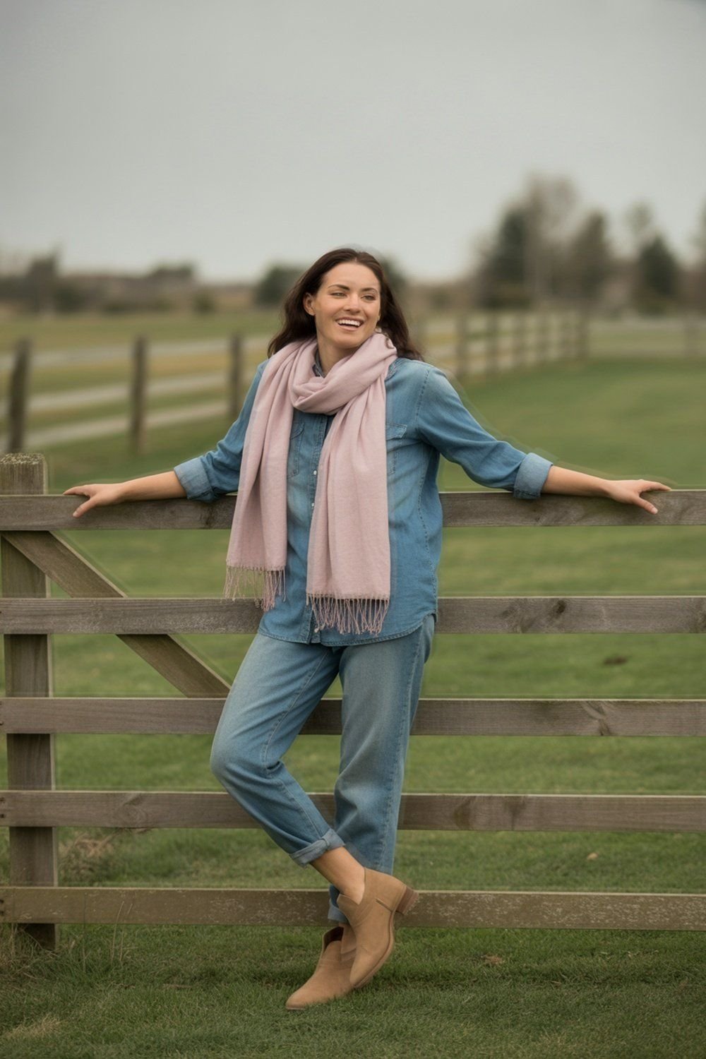 Soft Pastel Scarf With Denim Shirt and Boots