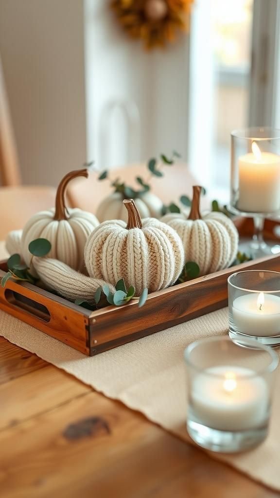 Chunky Knit Neutral Pumpkin Trio On Tray