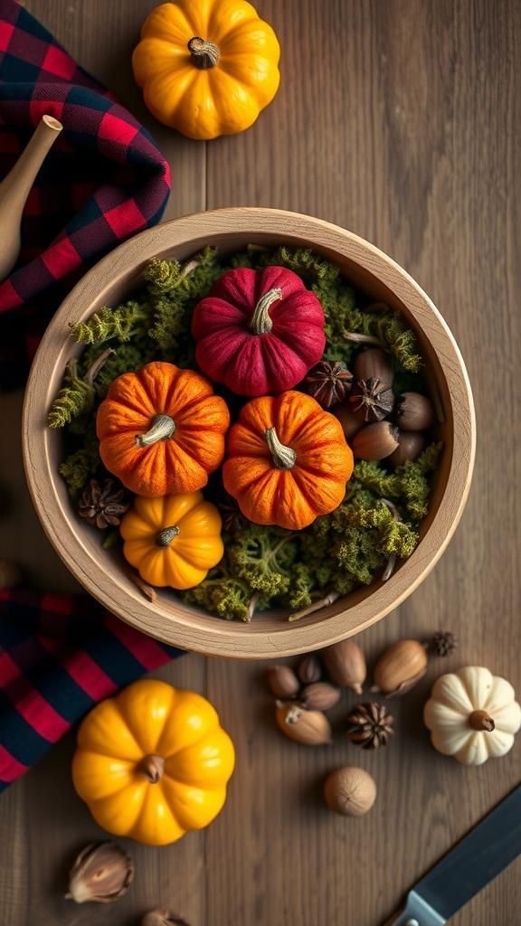 Plaid Sleeve Mini Pumpkins In Dough Bowl